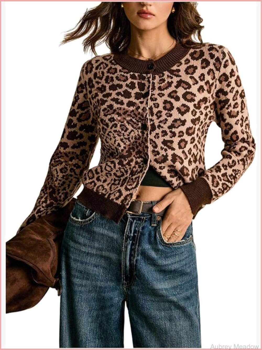 Leopard Print Crop Cardigan Button Up Crewneck Knit Fall Sweater